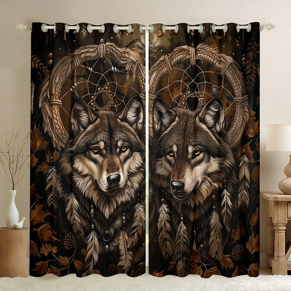 Dreamcatcher Curtains,Tribal Wolf Darkening Curtains for Living Room Bedroom,Wildlife Wold Animal Print Window Curtains Drapes,Wolves Family Blackout Curtains,42"Wx84"L