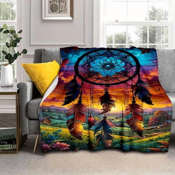 Dreamcatcher Fantasy Print Blanket - Lightweight Polyester Fleece, 3D Digital Sunset Design, Soft & Warm for Sofa Bed Travel Camping Office All-Season Comfort