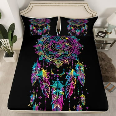 Dreamcatcher Fitted Sheet Bohemian Dream Catchers Twin Bed Sheets,Exotic Mandala Sheets Floral Feather Bedding Set,Boho Decor（No Top Sheet）