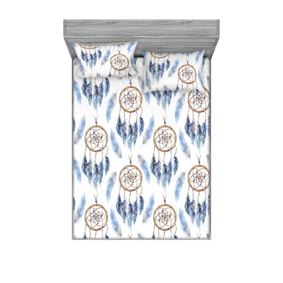 Dreamcatcher Fitted Sheet & Pillow Sham Set, Oriental Occult Vibes Tribal Ornament with Fuzz Pattern Tribal Art, Decorative Printed 3 Piece Bedding Decor, Calking, Dark Lavender Almond, by Ambesonne
