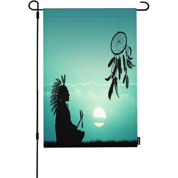 Dreamcatcher Garden Flag 12x18 Inch Vertical Double Sided American Tribal Man Blue Sunset Feathers Circle Boho Talisman Outdoor Flags Banners Outside Decor Yard Farmhouse