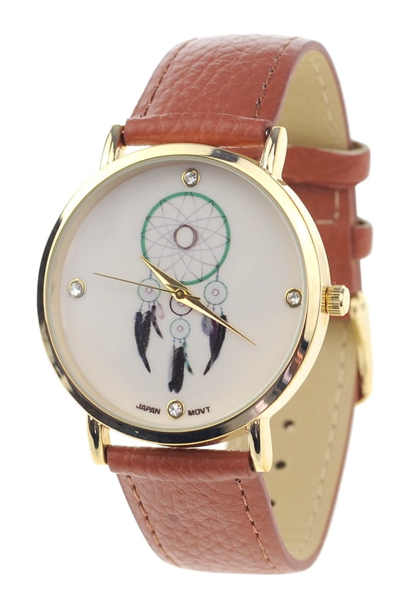 Dreamcatcher Japanese Movement Stainless Steel Back Black Faux Leather Strap Watch