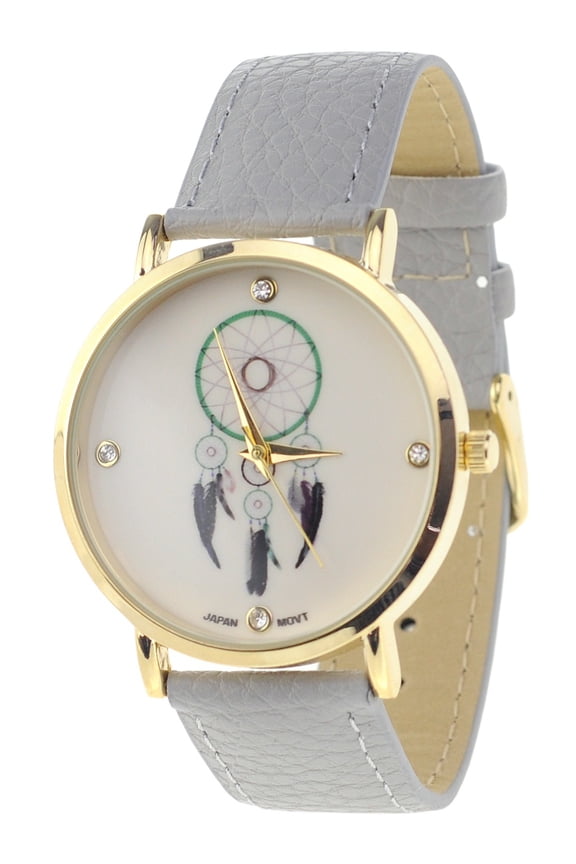 Dreamcatcher Japanese Movement Stainless Steel Back Gray Faux Leather Strap Watch