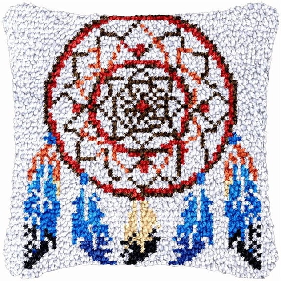 Dreamcatcher Latch Hook Kits Pillow DIY Rug Crochet Hook Cushion Making Kits with Preprinted Pattern Canvas Instruction Yarns and Latch Hooking Pillow Cover Easy to Starter DIY Kits 43x43cm