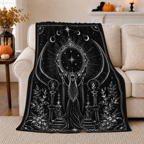 Dreamcatcher Moon Circle with Candles and Herbs, Gothic Celestial Style for Occult Art Lovers, Ritual Line Art and Halloween Gift, Soft Flannel Blanket, Home Decor