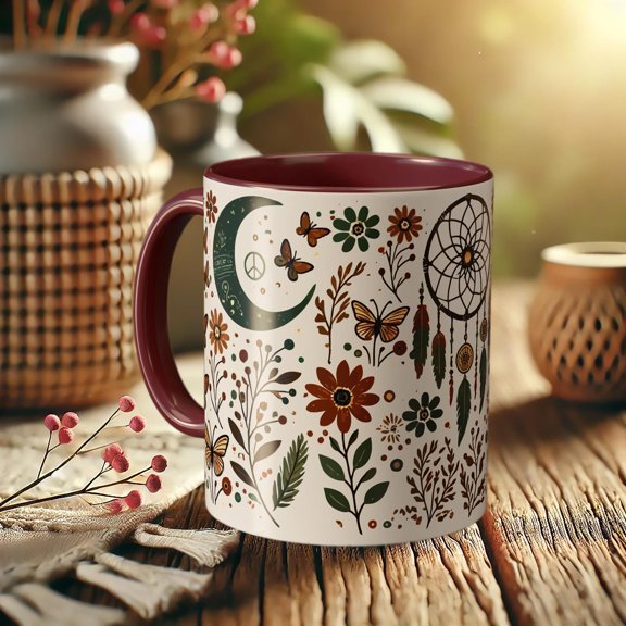 Dreamcatcher Moon Mug Boho Floral Coffee Cup with Nature Design