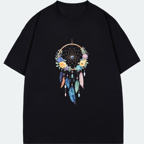 Dreamcatcher Print T Shirt Black Floral And Feather Design For Casual Wear