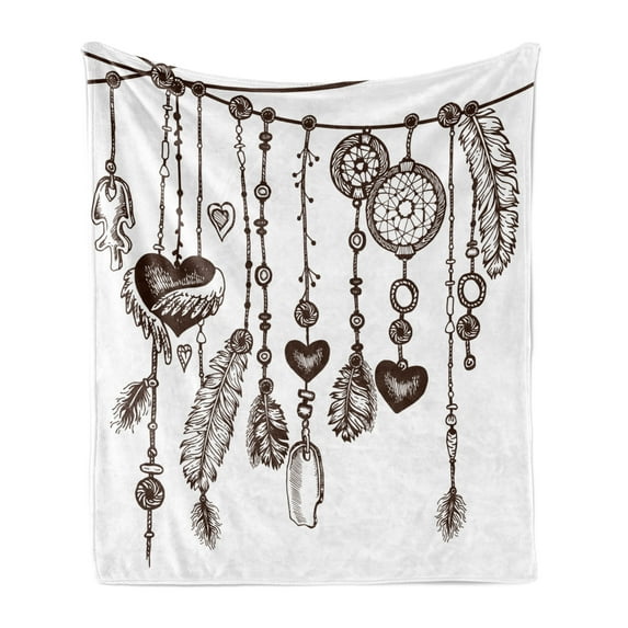 Dreamcatcher Soft Flannel Fleece Throw Blanket, Occult Hearts Feathers Vintage Monochrome Illustration, Cozy Plush for Indoor and Outdoor Use, 50" x 60", Seal Brown White, by Ambesonne