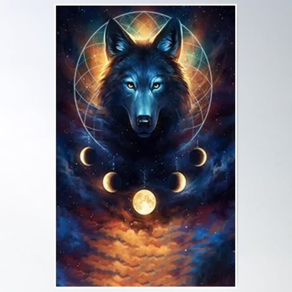 Dreamcatcher, Wolf And Moon Phases Poster Wall Art, Modern Wall Decor, 16x24 UNFRAMED