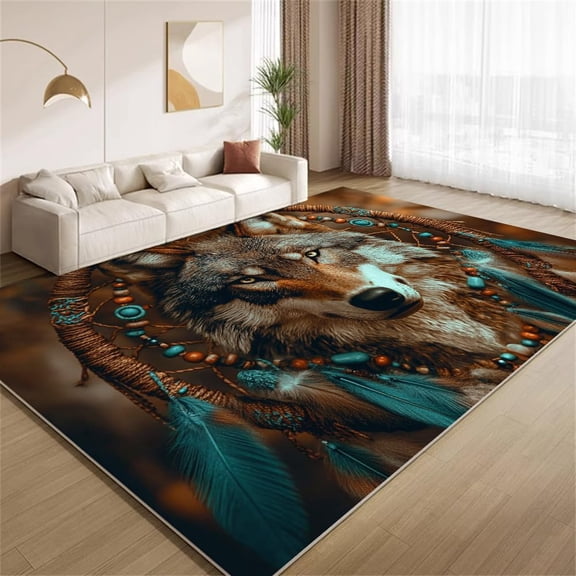 Dreamcatcher Wolf Area Rugs, Feather Animal Pattern Carpet, Washable Non Slip Low Pile Soft Rug for Living Room Bedroom Decor Mat 2ftx3ft