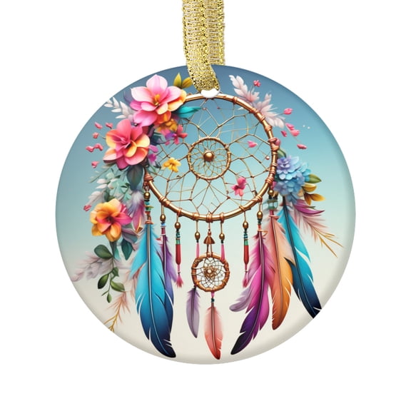 Dreamcatcher with Pink Flowers and Feathers Suncatcher Sun Catcher Design Novelty Ceramic Christmas Ornament Xmas Holiday Tree Gift