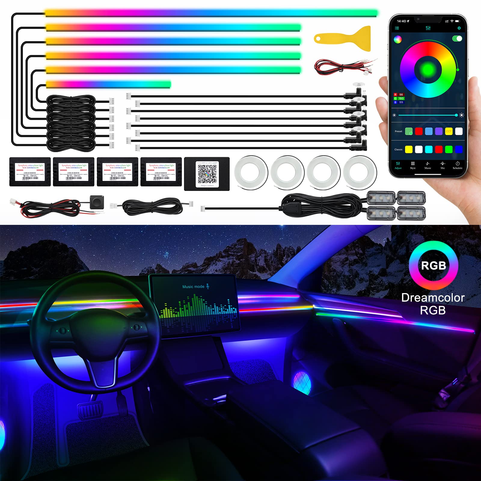 Dreamcolor Acrylic Interior Car LED Strip Light with Wireless APP, RGB ...
