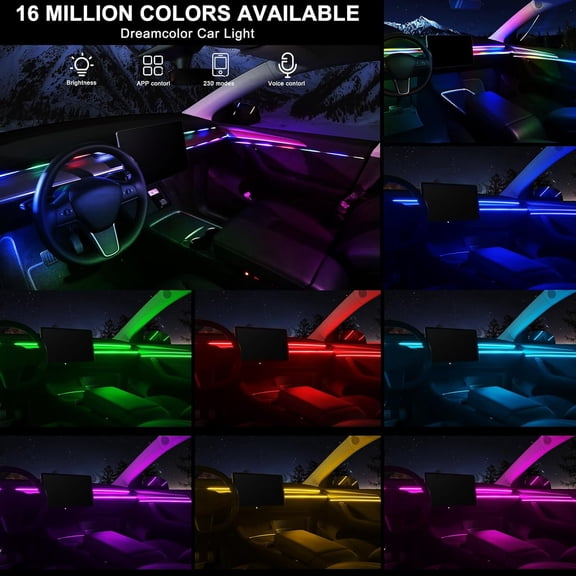 Dreamcolor Acrylic Interior Car LED Strip Light with Wireless APP, RGB 6 in 1 175 inches 593 LEDs Fiber Optic Lights for Car, Dynamic Chasing Music Sync Neon Ambient Lighting Kits