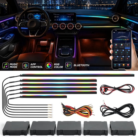Dreamcolor Acrylic Interior Car LED Strip Light with Wireless APP, RGB 6in1 Fiber Optic Strip Lights for Car, Symphony Neon Car Ambient Lighting