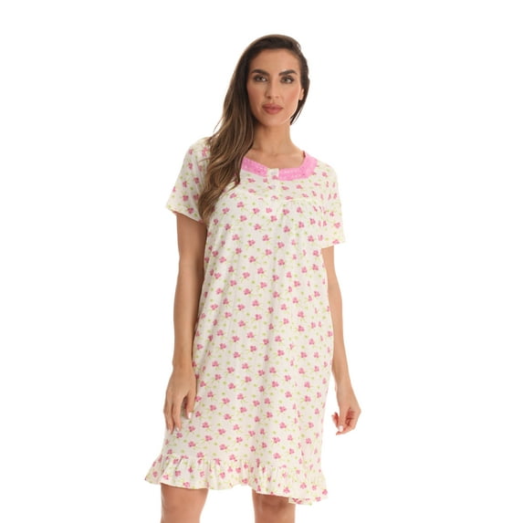 Dreamcrest 100% Cotton Short Sleeve Nightgown for Women with Lace Trim 6787-10415-PNK-L