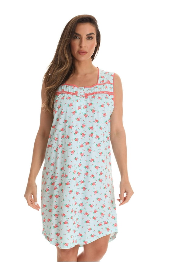 100% Cotton Sleeveless Nightgown for Women with Crochet Trim (Aqua - Coral, Large)