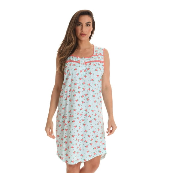 Dreamcrest 100% Cotton Sleeveless Nightgown for Women with Crochet Trim (Aqua - Coral, Medium)