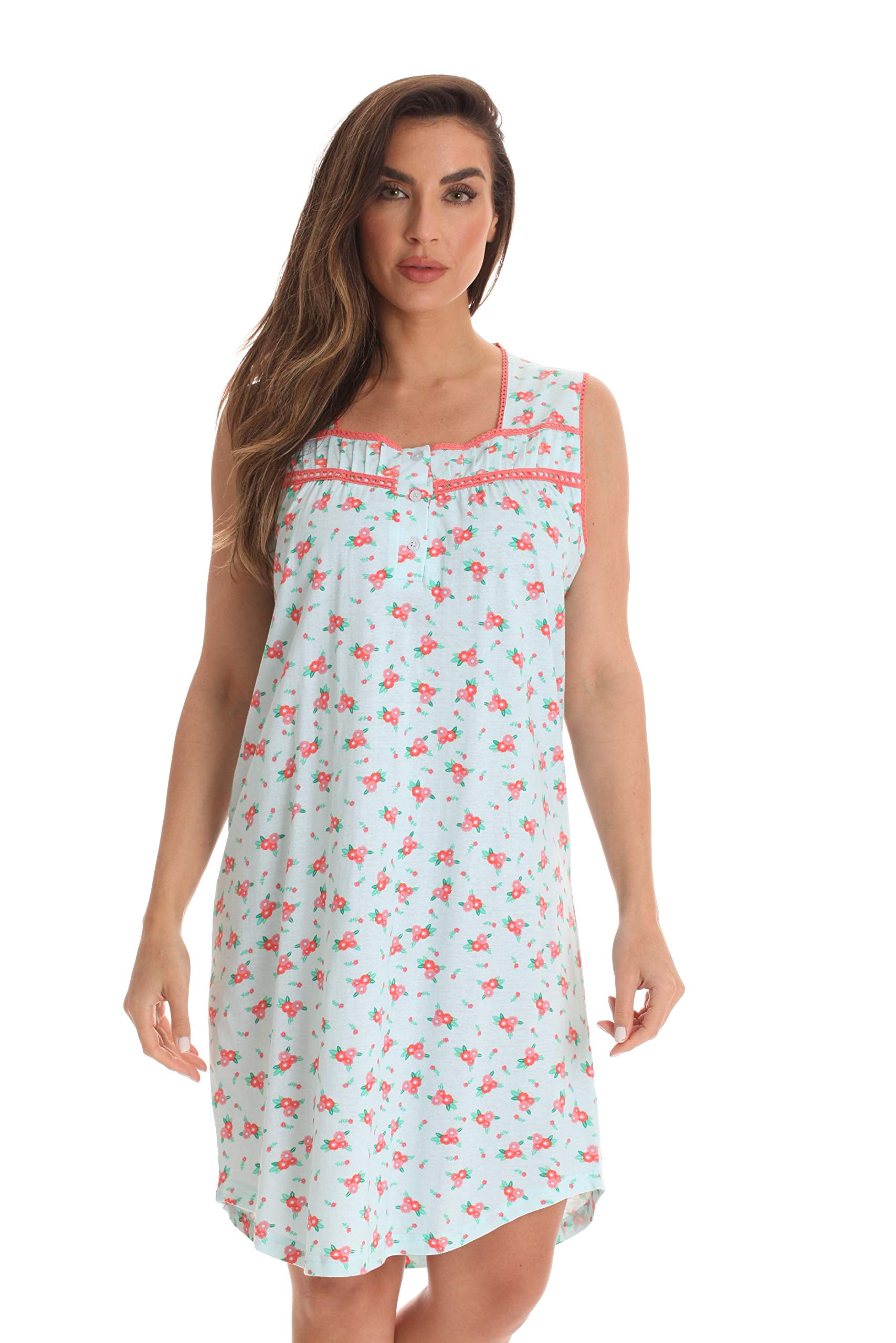 100% Cotton Sleeveless Nightgown for Women with Crochet Trim (Aqua - Coral, X-Large)