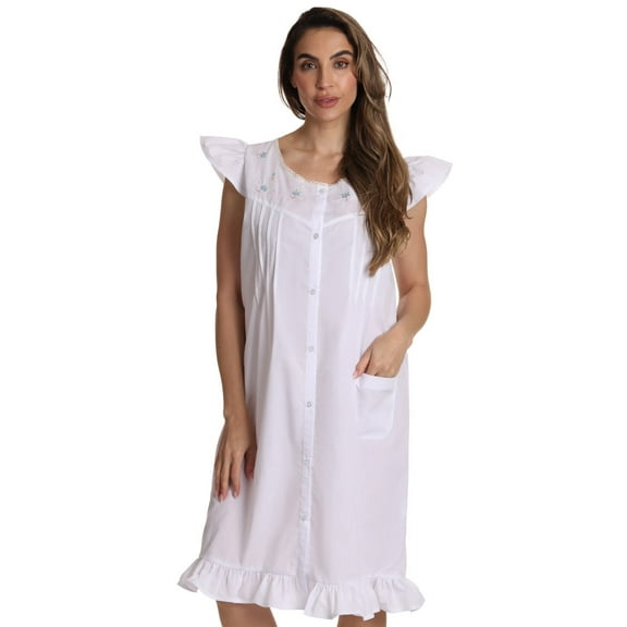 Dreamcrest Cap Sleeve Button Front Duster 7505-BLU-M (White, 1X)