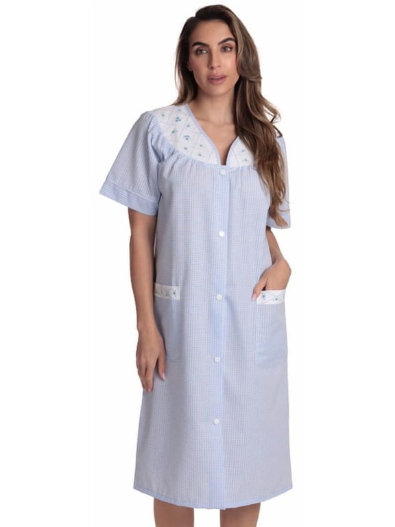 Short Sleeve Button Front Duster 8518-ROY-XL (Blue Plaid, 1X)