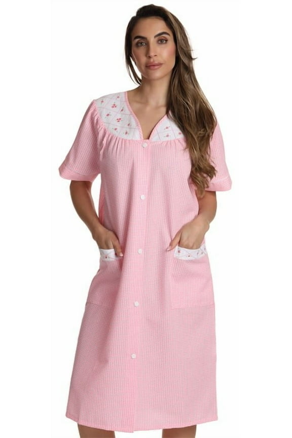 Short Sleeve Button Front Duster 8518-ROY-XL (Coral Plaid, Large)