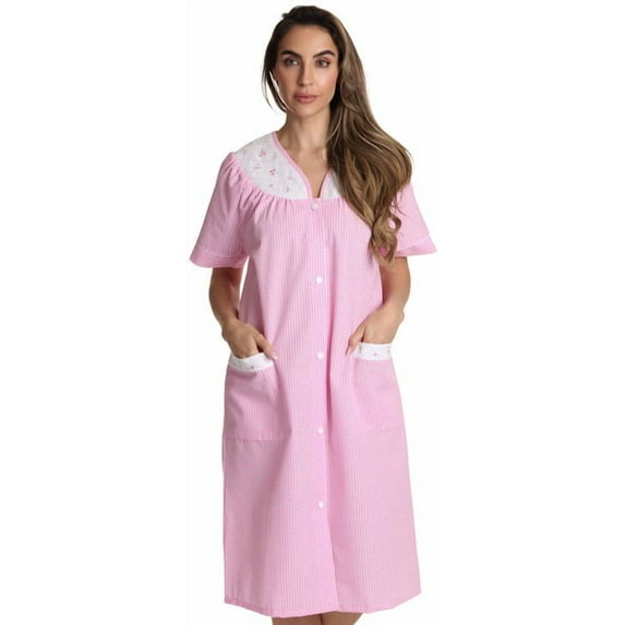 Dreamcrest Short Sleeve Button Front Duster 8518-ROY-XL (Pink Throttle Plaid, 3X)