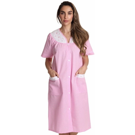Dreamcrest Short Sleeve Button Front Duster 8518-ROY-XL (Pink Throttle Plaid, X-Large)