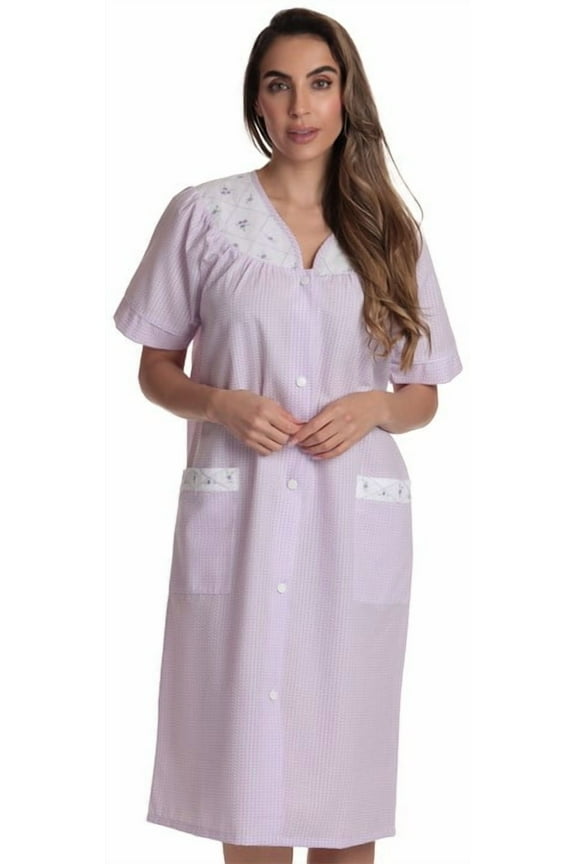 Short Sleeve Button Front Duster 8518-ROY-XL (Purple Plaid, 3X)
