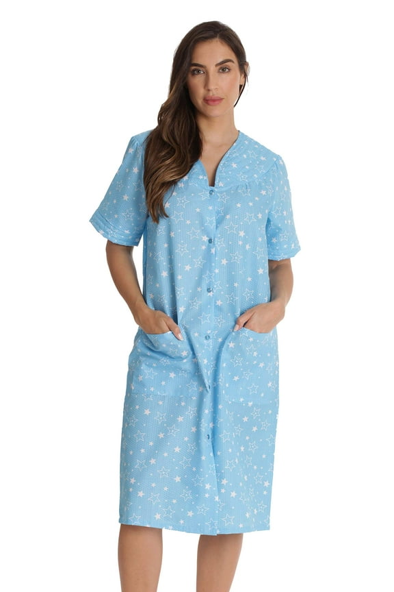 Short Sleeve Seersucker Duster Housecoat Women Sleepwear (1X Plus, Blue - Star Struck)