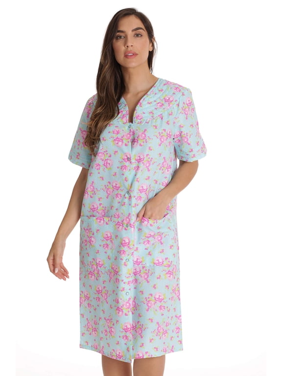 Short Sleeve Seersucker Duster Housecoat Women Sleepwear 8270-10454-PUR-XL (Aqua - Roses, Large)
