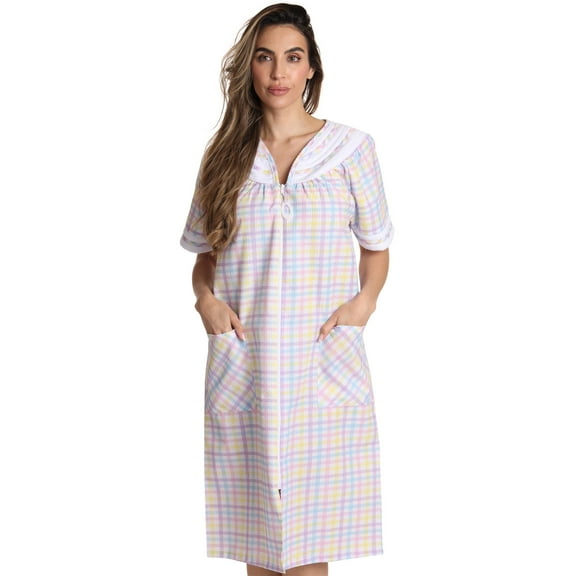 Dreamcrest Short Sleeve Zipper Front Duster 8513-2-1X (Plaid 1 - Multi, Large)