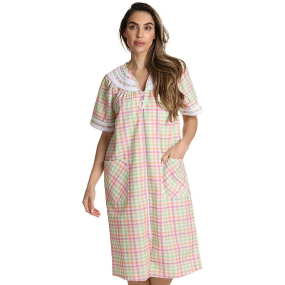 Dreamcrest Short Sleeve Zipper Front Duster 8513-2-1X (Plaid 2 - Yellow, Medium)