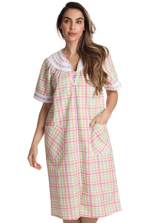 Short Sleeve Zipper Front Duster 8513-2-1X (Plaid 2 - Yellow, Medium)