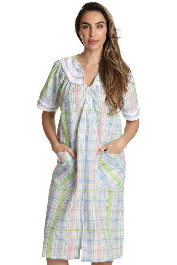 Short Sleeve Zipper Front Duster 8513-2-1X (Plaid 3 - Blue, Large)