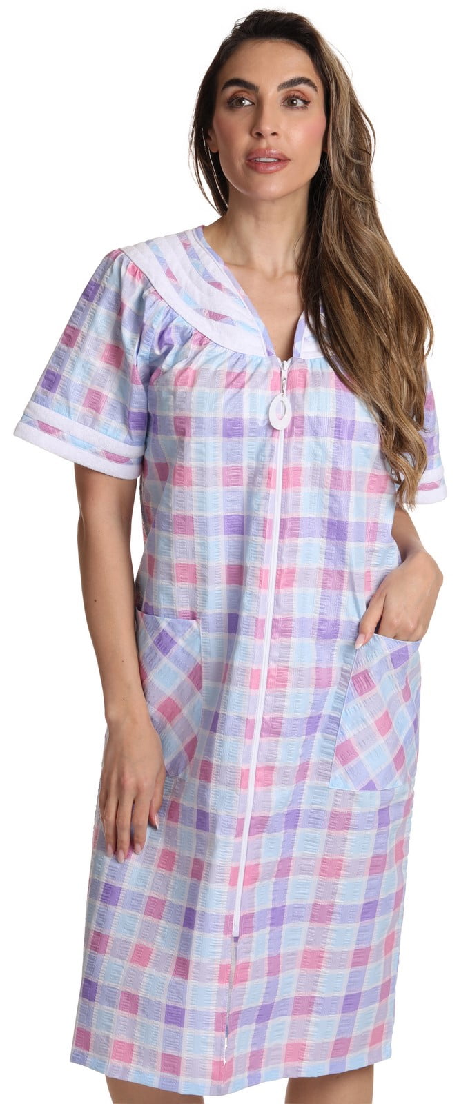 Dreamcrest Short Sleeve Zipper Front Duster 8513-2-1X (Plaid 4 - Purple ...