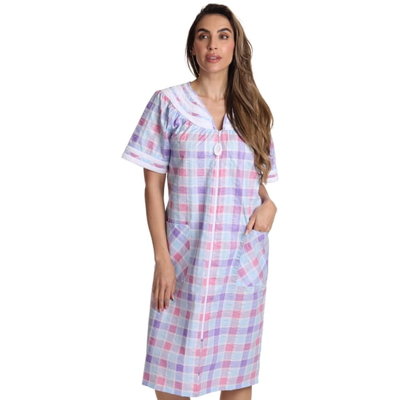 Dreamcrest Short Sleeve Zipper Front Duster 8513-2-1X (Plaid 4 - Purple, Medium)