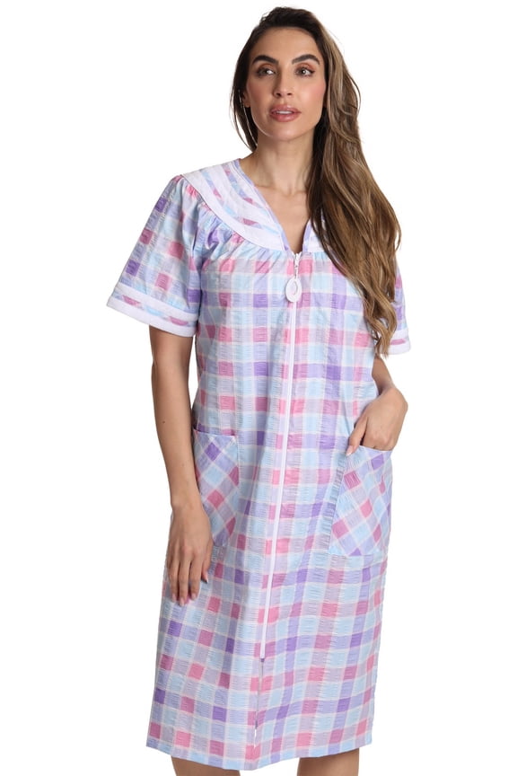 Short Sleeve Zipper Front Duster 8513-2-1X (Plaid 4 - Purple, Small)