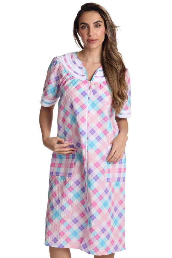 Short Sleeve Zipper Front Duster 8513-2-1X (Plaid 5 - Multi, Small)