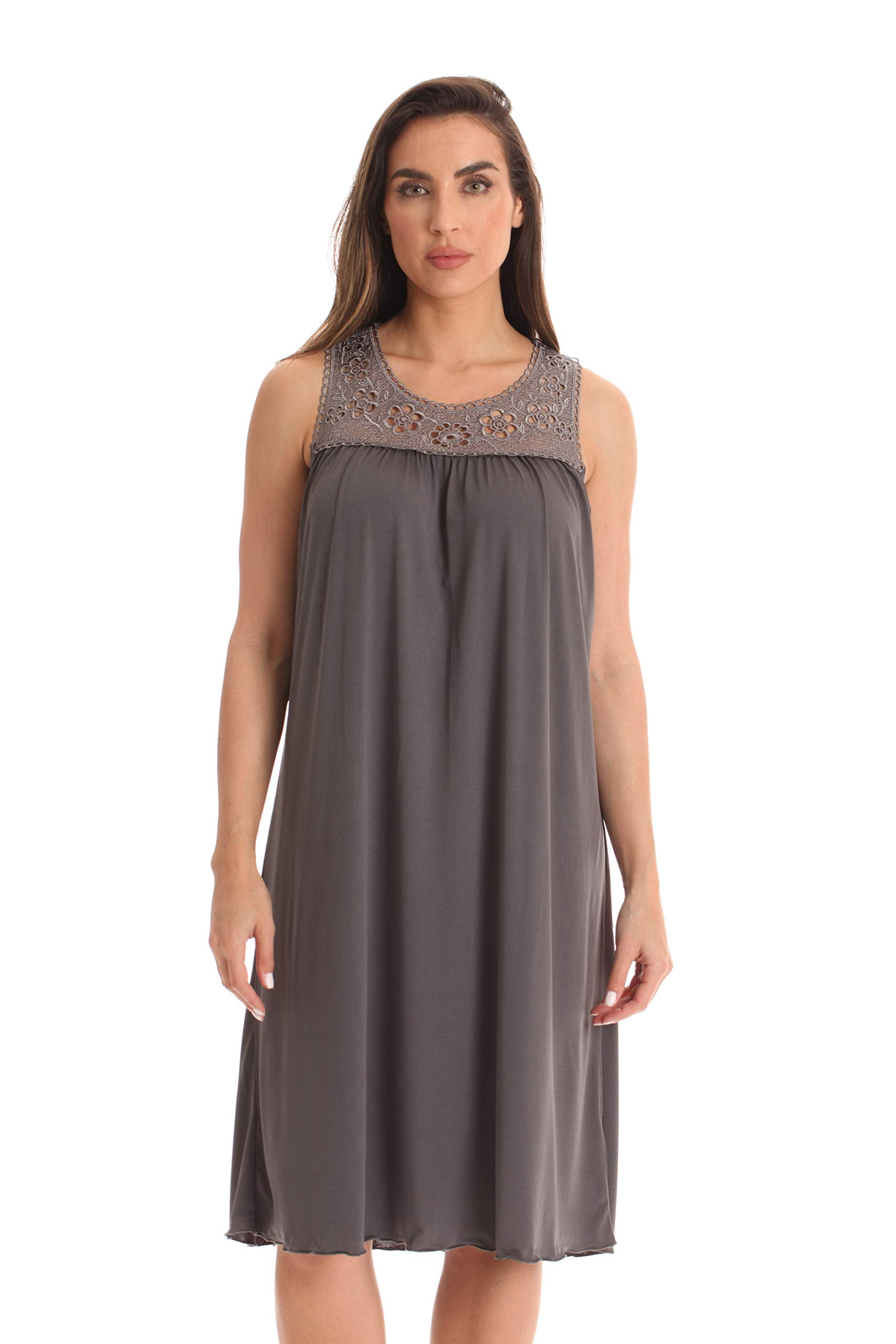 Dreamcrest Silky Soft Nightgown Crochet Trim Sleep Dress (Charcoal