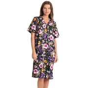 Dreamcrest Women Lounge House Dress – Short Sleeve Nightgown Sleep Dress House Dress w Side Pocket (Black - Dreamy Floral, Small)