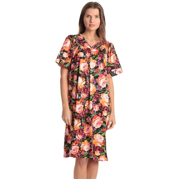 Dreamcrest Women Lounge House Dress  Short Sleeve Nightgown Sleep Dress House Dress w Side Pocket (Black - Full Bloom Roses, 1X)