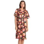 Dreamcrest Women Lounge House Dress – Short Sleeve Nightgown Sleep Dress House Dress w Side Pocket (Black - Full Bloom Roses, X-Large)