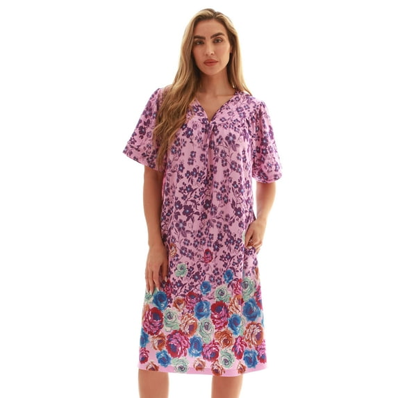 Dreamcrest Women Lounge House Dress Short Sleeve Nightgown Sleep Dress House Dress w Side Pocket (Lilac - Rose Border Floral, 1X)