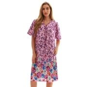 Dreamcrest Women Lounge House Dress – Short Sleeve Nightgown Sleep Dress House Dress w Side Pocket (Lilac - Rose Border Floral, X-Large)