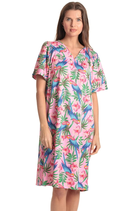 Women Lounge House Dress Short Sleeve Nightgown Sleep Dress House Dress w Side Pocket (Pink - Hibiscus Parrot, 2X)