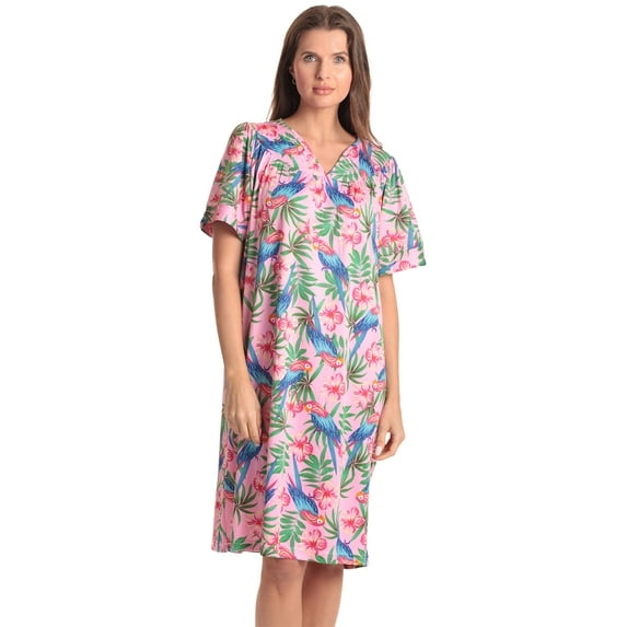 Dreamcrest Women Lounge House Dress Short Sleeve Nightgown Sleep Dress House Dress w Side Pocket (Pink - Hibiscus Parrot, Large)