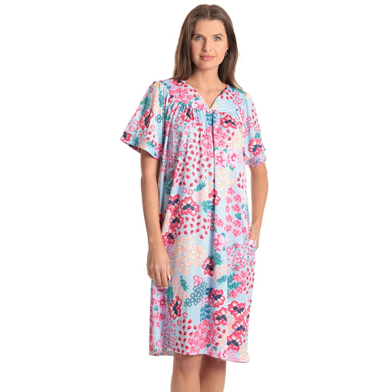 Dreamcrest Women Lounge House Dress – Short Sleeve Nightgown Sleep Dress  House Dress w Side Pocket (Teal - Confetti Floral, 3X)