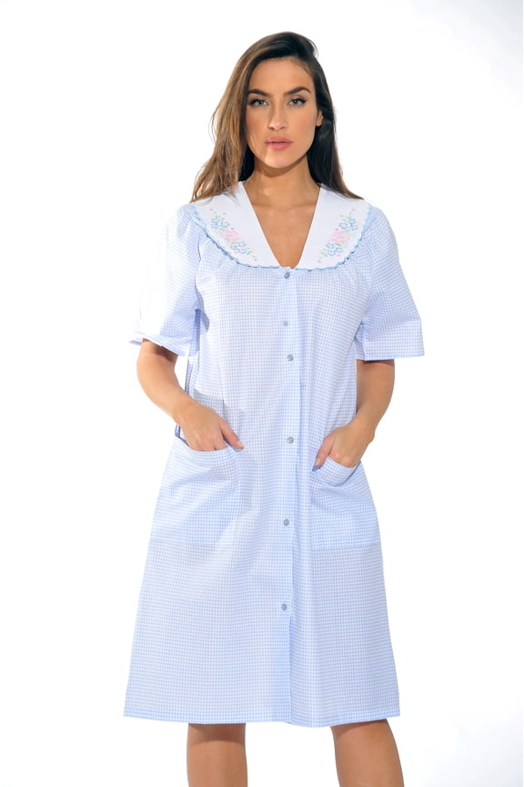 Women Short Sleeve Housecoat - Comfortable Loungewear for Sleep and Relaxation (Blue, Medium)