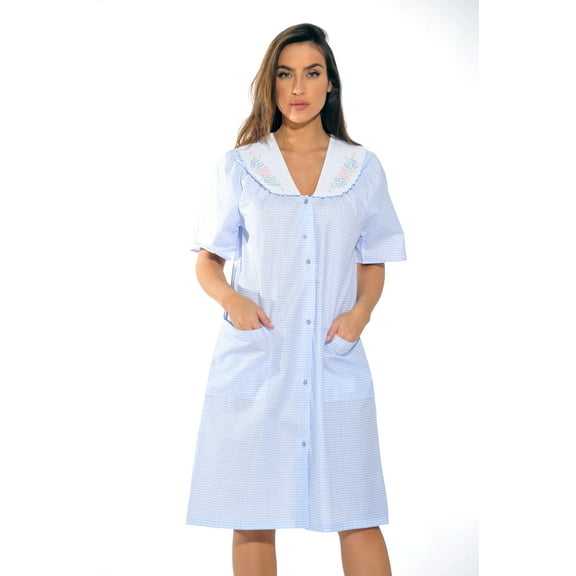 Dreamcrest Women Short Sleeve Housecoat - Comfortable Loungewear for Sleep and Relaxation (Blue, Small)