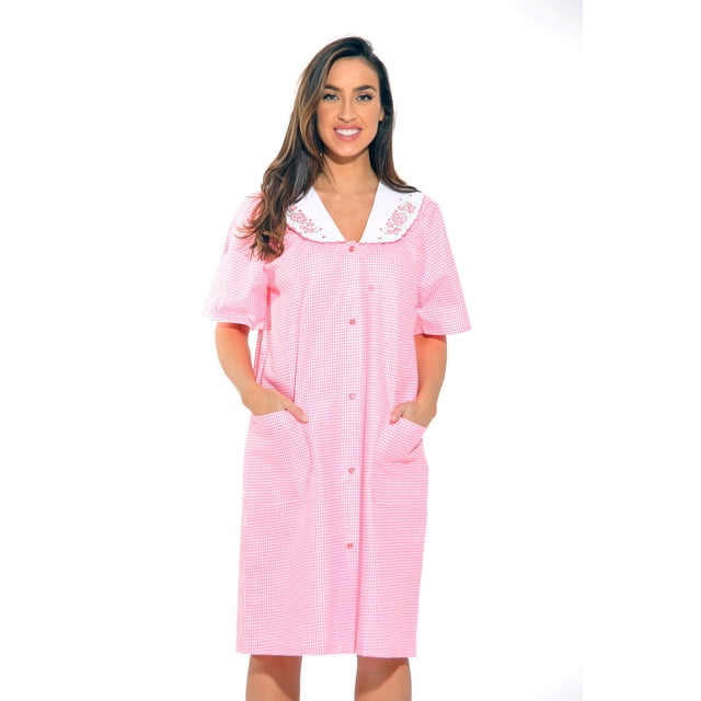 Dreamcrest Women Short Sleeve Housecoat - Comfortable Loungewear for Sleep and Relaxation (Coral, Large)